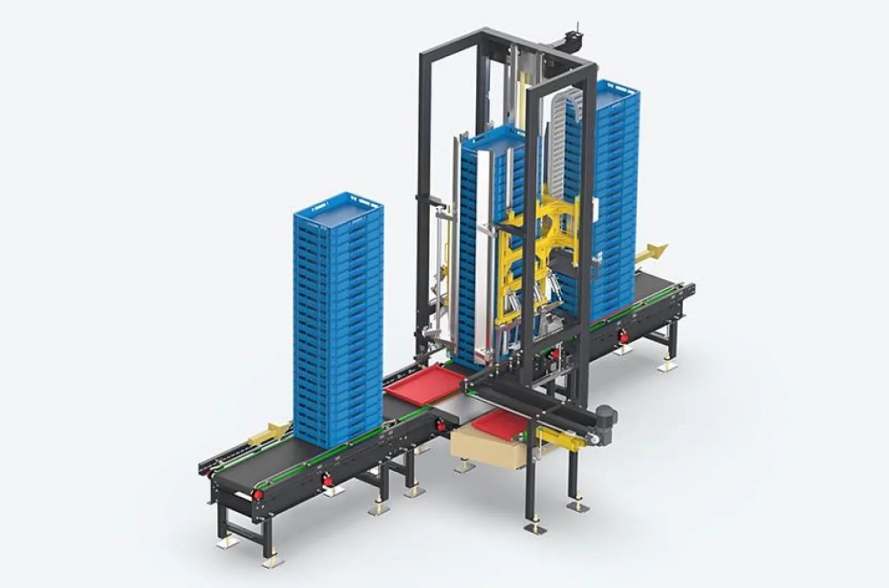 machine trays beladen met kratten Loading crates on trays